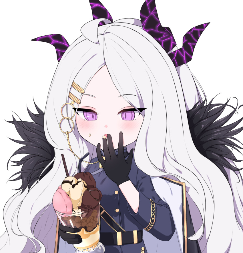 1girl ahoge bangs belt black_gloves blue_archive clip coat coat_on_shoulders commentary_request cup demon_girl demon_horns eating food food_on_face forehead fur-trimmed_coat fur_trim gloves halo highres hina_(blue_archive) holding holding_cup horns ine_(ineinnen) long_hair long_sleeves military military_uniform parfait parted_bangs ponytail sidelocks simple_background solo uniform violet_eyes white_background white_hair