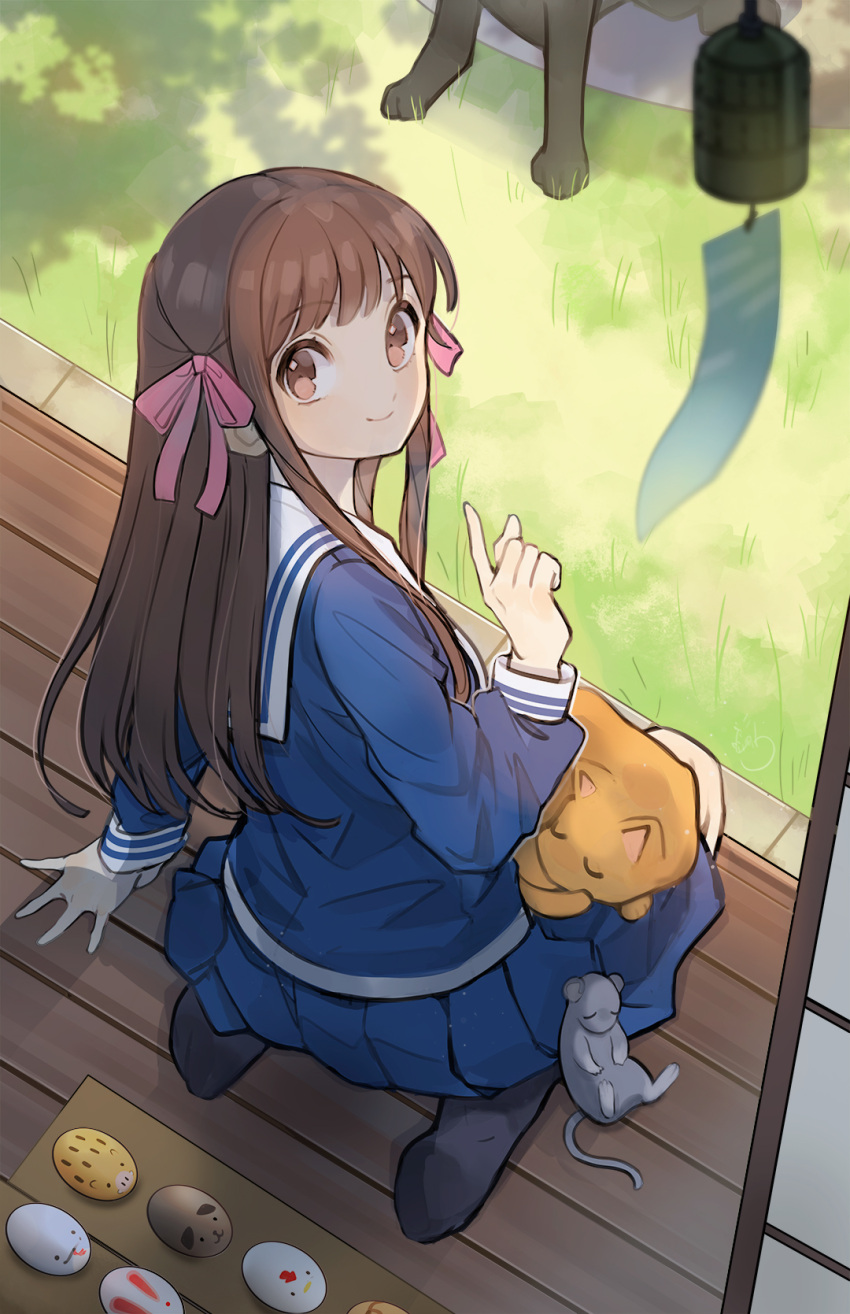 1girl 3boys alpaca_carlesi animalization bangs black_socks blue_shirt blue_skirt blurry blurry_foreground brown_eyes brown_hair cat dog fruits_basket full_body grass hair_ribbon highres honda_tohru kneeling light_smile long_hair long_sleeves looking_at_viewer looking_back mouse multiple_boys no_shoes orange_cat outdoors pink_ribbon pleated_skirt pointing porch ribbon sailor_collar school_uniform shirt skirt sleeping socks souma_kyou souma_shigure souma_yuki straight_hair white_sailor_collar