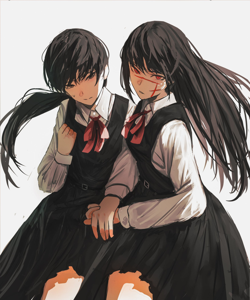 2girls black_dress black_hair chainsaw_man collared_shirt cross_scar dress floating_hair highres holding_hands long_hair looking_at_viewer mitaka_asa multiple_girls nervous niroxin ponytail red_eyes red_ribbon ribbon scar scar_on_cheek scar_on_face shirt simple_background sweat white_background white_shirt yoru_(chainsaw_man)