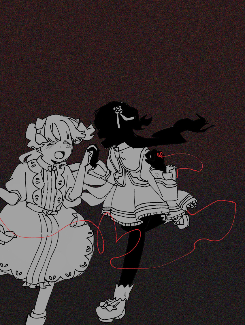2girls absurdres center_frills closed_eyes dress emilico_(shadows_house) english_commentary film_grain flower frills hair_flower hair_ornament hair_ribbon highres hoi_plantmaster holding_hands kate_(shadows_house) limited_palette long_hair looking_at_another multiple_girls open_mouth ribbon rose running shadow_(shadows_house) shadows_house smile string string_of_fate two_side_up yuri