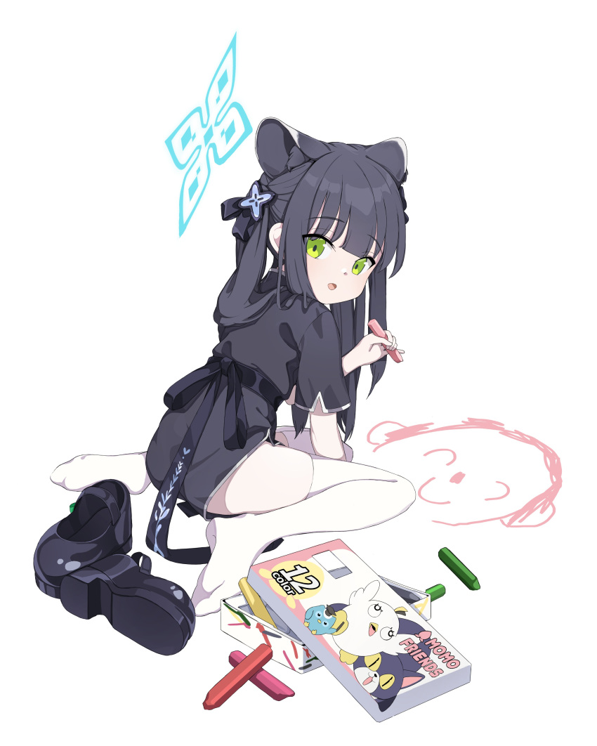 absurdres animal_ears black_dress black_hair blue_archive china_dress chinese_clothes crayon dress green_eyes halo highres shoes shoes_removed short_sleeves shun_(blue_archive) shun_(small)_(blue_archive) tiger_ears tiger_girl toombo12 two_side_up