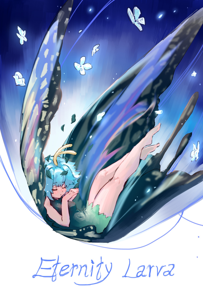 1girl absurdres animal antennae aqua_hair barefoot blush bug butterfly butterfly_wings character_name dress eternity_larva fairy green_dress highres leaf leaf_on_head multicolored_clothes multicolored_dress parted_lips short_hair short_sleeves shouxishao_jiuyuan solo touhou wings