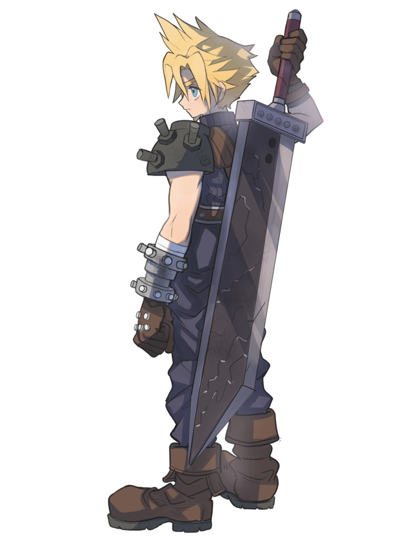 1boy alpaca_carlesi arm_at_side armor baggy_pants bandaged_arm bandages belt blonde_hair blue_eyes blue_pants blue_shirt boots brown_belt brown_footwear buster_sword cloud_strife earrings final_fantasy final_fantasy_vii full_body highres holding holding_sword holding_weapon jewelry male_focus pants profile shirt short_hair shoulder_armor single_earring sleeveless sleeveless_turtleneck solo spiky_hair suspenders sword thick_eyebrows turtleneck weapon weapon_on_back white_background