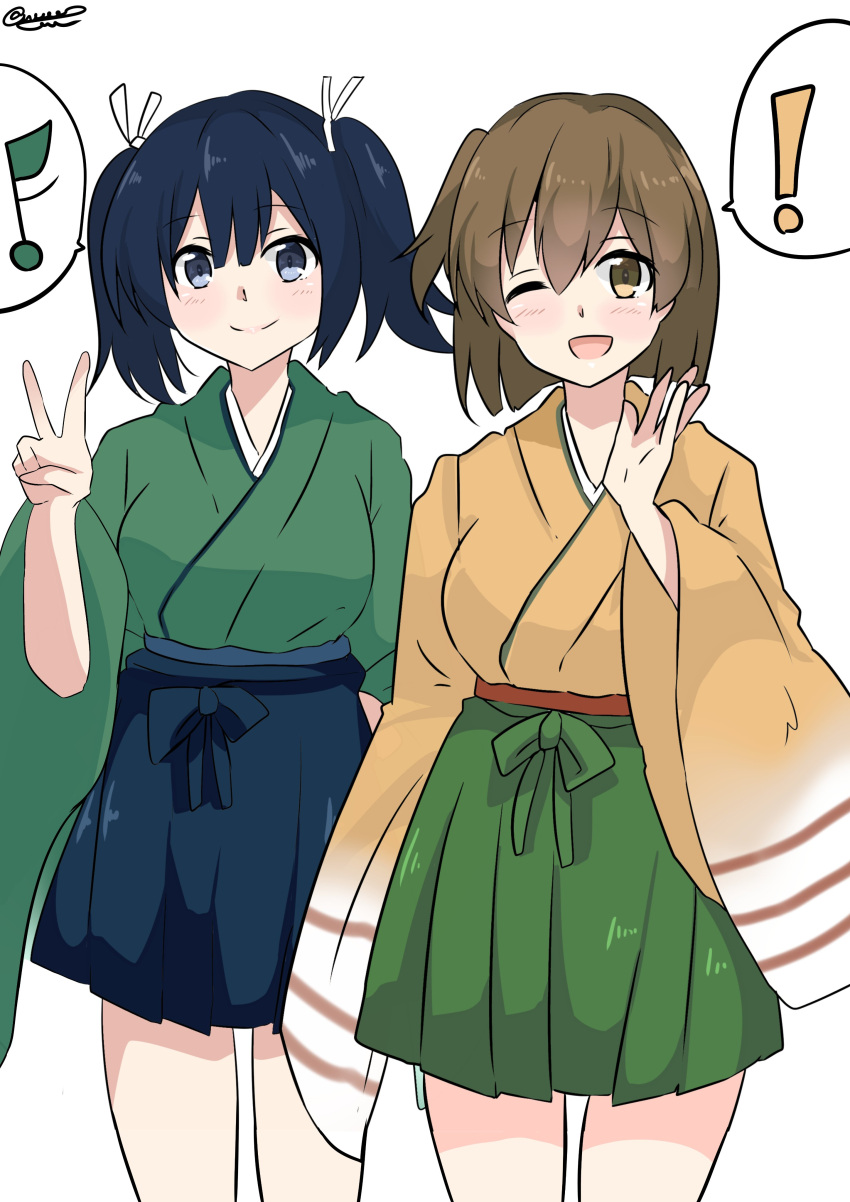 ! 2girls absurdres blue_hair breasts brown_hair green_hakama green_kimono hair_between_eyes hair_ribbon hakama hakama_skirt highres hiryuu_(kancolle) japanese_clothes kantai_collection kimono large_breasts multiple_girls music musical_note noruren one_side_up orange_kimono pleated_skirt ribbon short_hair simple_background singing skirt souryuu_(kancolle) twintails white_background