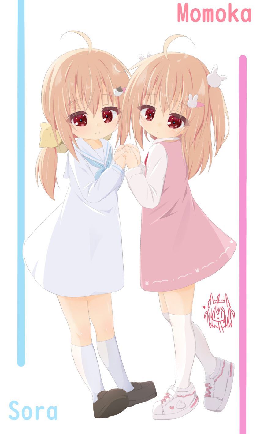 2girls ahoge black_footwear blonde_dog_girl_(ri-net) blue_neckerchief brown_hair cat_hair_ornament character_name character_watermark closed_mouth dress hair_ornament hairclip hands_up highres holding_hands loafers long_hair long_sleeves multiple_girls neckerchief one_side_up original over-kneehighs pink_dress rabbit_hair_ornament ri-net sailor_collar sailor_dress shoes simple_background sleeveless sleeveless_dress smile socks thigh-highs white_background white_dress white_footwear white_sailor_collar white_socks white_thighhighs