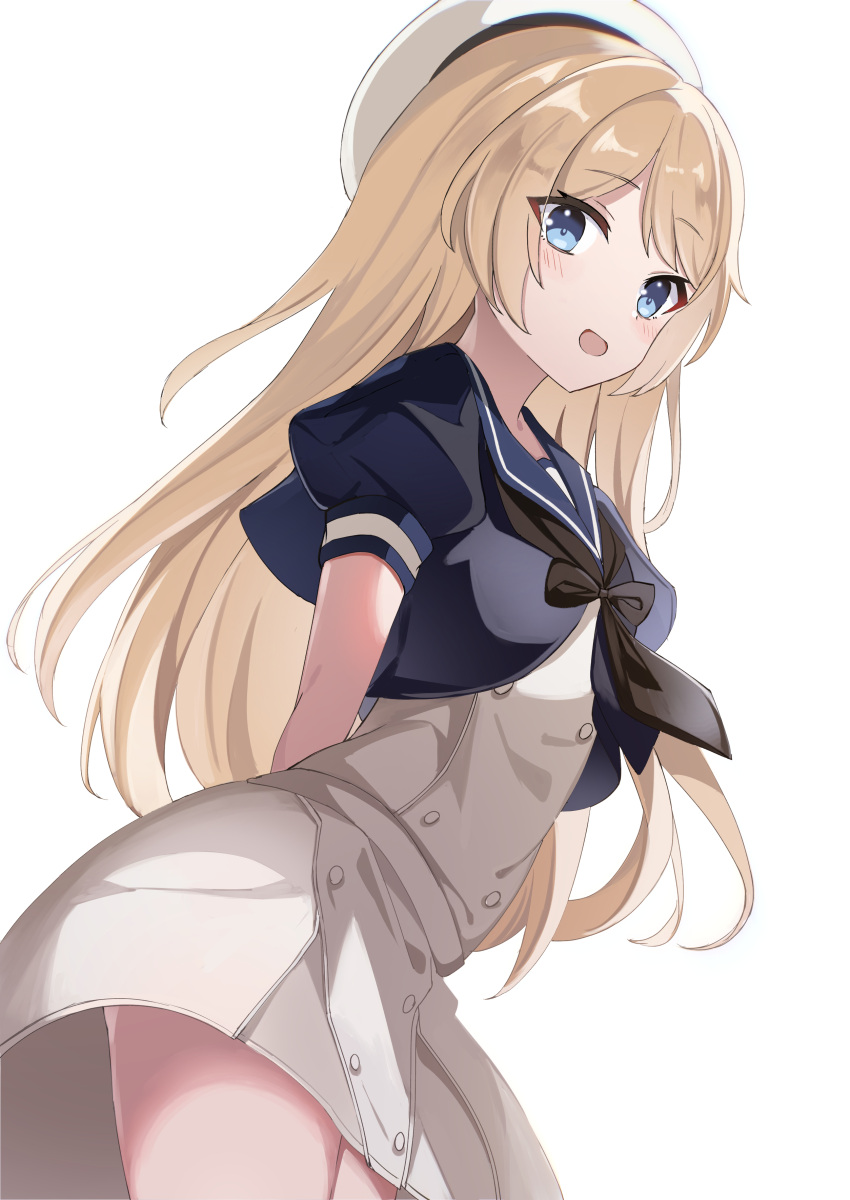 1girl absurdres blonde_hair blue_eyes blue_sailor_collar blush cowboy_shot dress fathom hat highres jervis_(kancolle) kantai_collection long_hair open_mouth puffy_short_sleeves puffy_sleeves sailor_collar sailor_dress sailor_hat short_sleeves simple_background smile solo white_background white_dress white_headwear