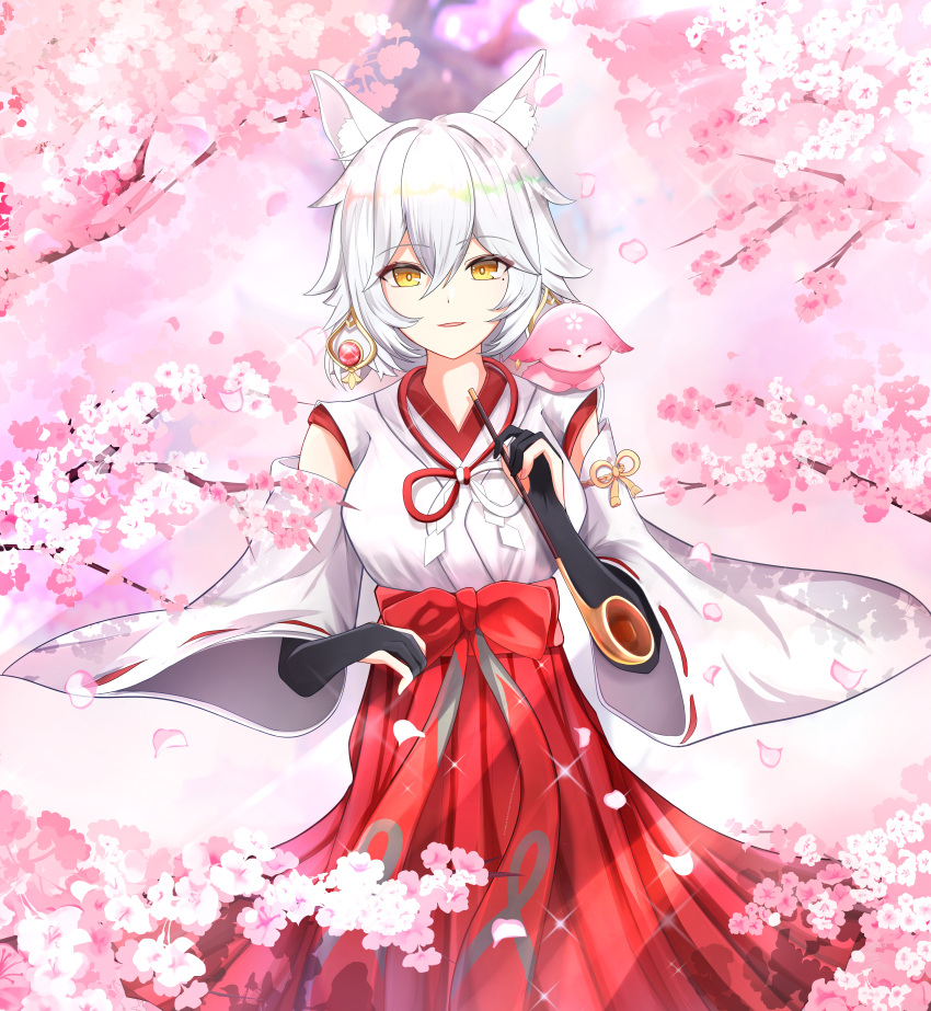 1girl absurdres alternate_form animal_ears animal_on_shoulder animalization bad_arm bangs black_gloves bow branch breasts bridal_gauntlets cherry_blossoms commentary detached_sleeves earrings elbow_gloves feet_out_of_frame floppy_ears flower fox fox_ears fox_girl genshin_impact gloves hair_between_eyes hakama hakama_skirt hand_up highres holding holding_smoking_pipe japanese_clothes jewelry kimono kitsune_saiguu korean_commentary long_sleeves looking_at_viewer medium_breasts medium_hair miko mole mole_under_eye parted_lips pink_flower red_bow red_hakama red_skirt skirt smoking_pipe swept_bangs white_kimono wide_sleeves yae_miko yae_miko_(fox) yellow_eyes yeni1871