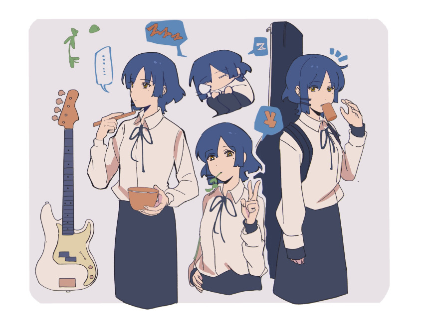 ... 1girl artist_request bad_link bass_guitar black_skirt blue_hair bocchi_the_rock! border chopsticks closed_mouth grey_background hair_ornament hairclip highres holding holding_chopsticks instrument long_sleeves looking_at_viewer mole mole_under_eye mouth_hold multiple_views notice_lines shirt short_hair simple_background skirt sleeping source_request spoken_ellipsis spoken_zzz stalk_in_mouth v white_border white_shirt yamada_ryou yellow_eyes zzz