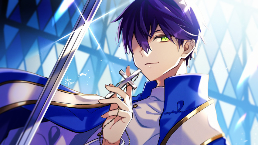 1boy aononchi blue_cape blurry blurry_background buttons cape cross cross_necklace glint green_eyes hair_between_eyes highres holding holding_cross holding_jewelry holding_necklace jewelry kenmochi_touya looking_at_viewer male_focus necklace nijisanji purple_hair shaded_face shirt short_hair smile solo stained_glass stole sword upper_body virtual_youtuber weapon white_shirt