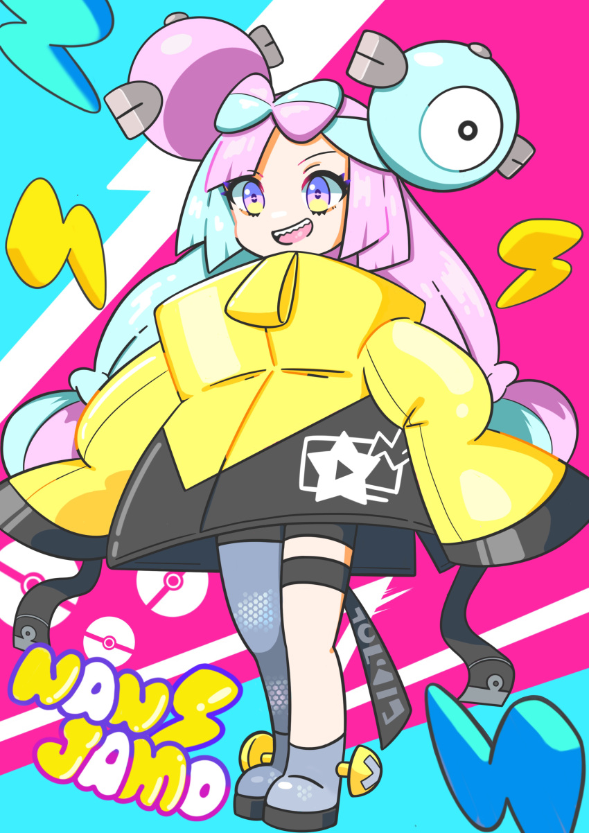 1girl absurdres bow-shaped_hair character_hair_ornament chibi grey_pantyhose hair_ornament hexagon_print highres iono_(pokemon) jacket long_hair low-tied_long_hair multicolored_hair numk4375 oversized_clothes pantyhose pokemon pokemon_(game) pokemon_sv sharp_teeth single_leg_pantyhose sleeves_past_fingers sleeves_past_wrists solo split-color_hair teeth twintails very_long_sleeves yellow_jacket