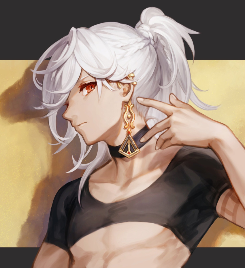 1boy arm_up bangs black_border black_choker black_shirt border choker closed_mouth collarbone commentary_request cyno_(genshin_impact) dark-skinned_male dark_skin earrings fingernails genshin_impact gold gold_earrings grey_hair hair_between_eyes hand_up highres jewelry looking_at_viewer male_focus nashi_(ykns) outside_border ponytail red_eyes shadow shirt short_sleeves simple_background single_earring solo t-shirt upper_body white_nails yellow_background