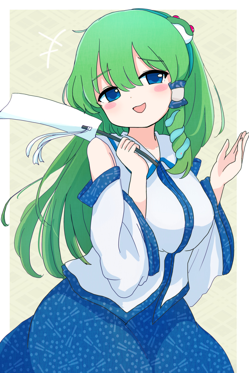 +++ 1girl absurdres bare_shoulders blue_eyes blue_skirt blush_stickers detached_sleeves frog_hair_ornament gohei green_hair hair_ornament hair_tubes highres holding japanese_clothes kochiya_sanae long_hair looking_at_viewer nontraditional_miko open_mouth rei_(tonbo0430) skirt smile snake_hair_ornament solo touhou white_sleeves wide_sleeves