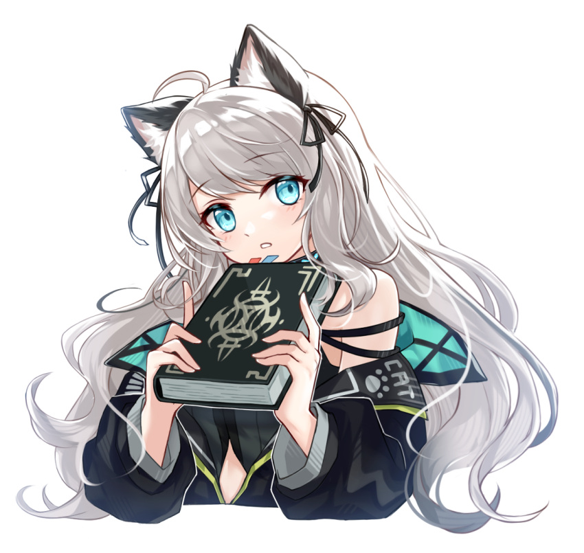 1girl ahoge animal_ears arknights black_jacket black_ribbon black_shirt blue_eyes blush book bookmark cat_ears hair_ribbon holding holding_book jacket lalihop long_hair long_sleeves looking_at_viewer mint_(arknights) off_shoulder parted_lips paw_print ribbon shirt simple_background sleeveless sleeveless_shirt solo upper_body very_long_hair white_background white_hair