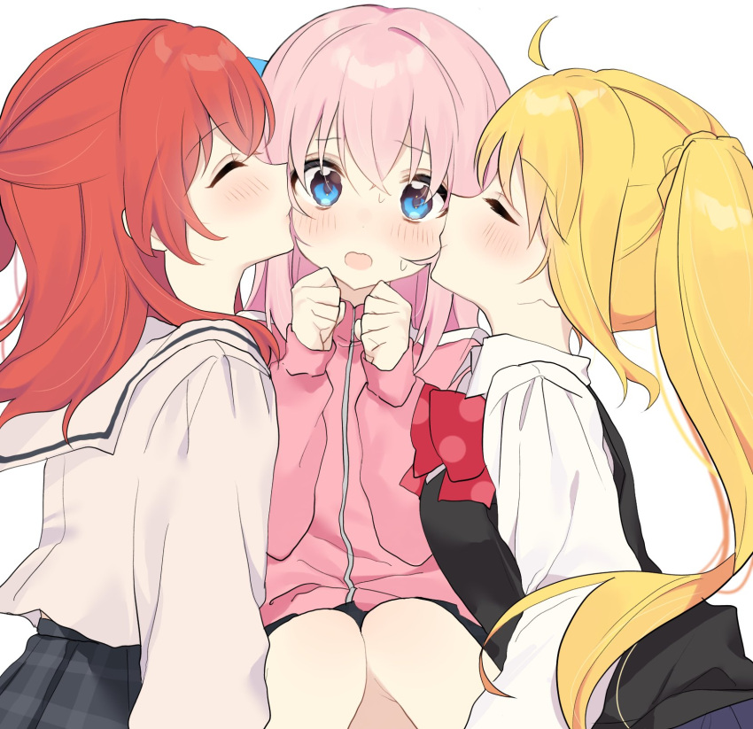 3girls ahoge bangs black_skirt blonde_hair blue_eyes blue_skirt blush bocchi_the_rock! bow bowtie clenched_hand closed_eyes collared_shirt double_cheek_kiss from_side gotou_hitori hair_between_eyes hair_ornament hands_up highres ijichi_nijika jacket jersey kiss kissing_cheek kita_ikuyo knees_up long_hair long_sleeves multiple_girls one_side_up open_mouth pink_hair pink_jacket polka_dot polka_dot_bow red_bow red_bowtie redhead sailor_collar school_uniform shirt shy side_ponytail skirt surprised sweat sweater_vest track_jacket unizuma_eleven wavy_mouth white_sailor_collar white_shirt yuri