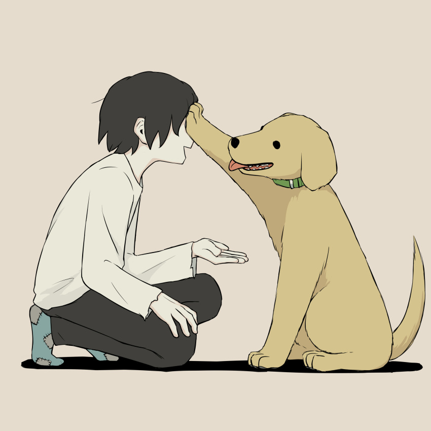 1boy absurdres animal avogado6 black_hair black_pants collar commentary_request dog from_side green_collar highres kneeling light_brown_background long_sleeves original outstretched_hand pants patchwork_clothes shadow shirt short_hair simple_background socks white_shirt