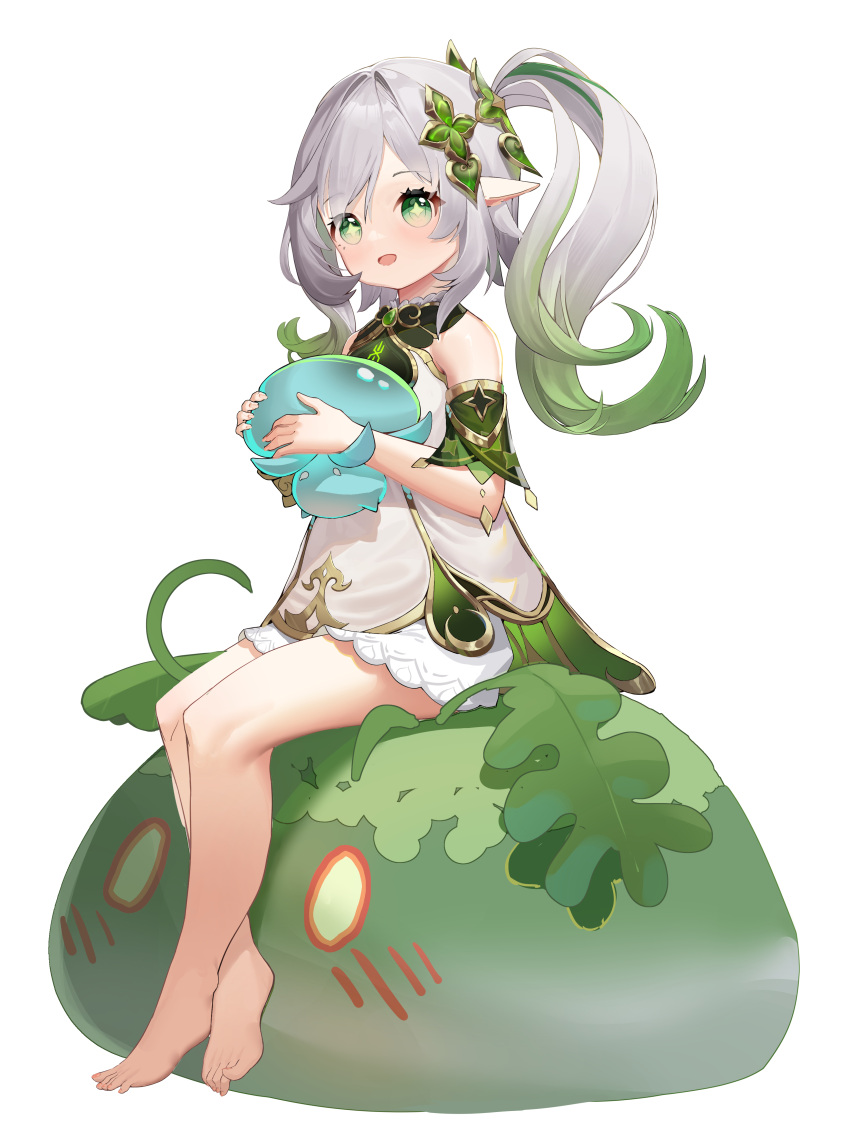 1girl :d absurdres bangs barefoot bloomers commentary_request detached_sleeves dress full_body fungi_(genshin_impact) genshin_impact gradient_hair green_eyes grey_hair hair_between_eyes hair_ornament highres long_hair multicolored_hair nahida_(genshin_impact) pointy_ears qiuyueruona short_sleeves side_ponytail sidelocks simple_background sitting slime_(genshin_impact) smile symbol-shaped_pupils underwear white_background white_dress