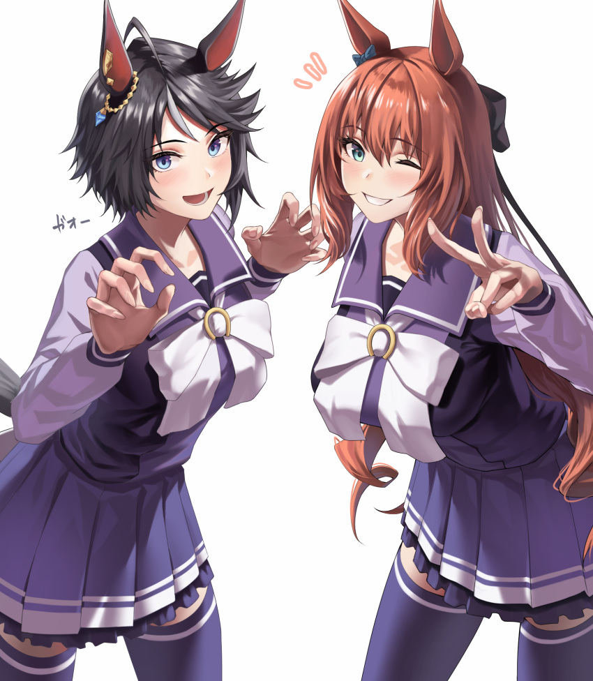 2girls :d ahoge animal_ears aqua_eyes bangs black_bow black_hair blue_bow blue_eyes blush bow bowtie breasts brown_hair claw_pose collarbone commentary_request cowboy_shot ear_bow ear_ornament ear_piercing frilled_skirt frills fuji_kiseki_(umamusume) grin hair_between_eyes hair_bow hand_up hands_up highres horse_ears horse_girl horse_tail horseshoe_ornament large_breasts long_hair long_sleeves looking_at_viewer lower_teeth maruzensky_(umamusume) medium_breasts miniskirt multicolored_hair multiple_girls notice_lines one_eye_closed open_mouth piercing pleated_skirt purple_shirt purple_skirt purple_thighhighs sailor_collar sailor_shirt school_uniform serafuku shirt short_hair sidelocks simple_background skirt smile standing suwa763 tail teeth thigh-highs tracen_school_uniform translation_request umamusume v wavy_hair white_background white_bow white_bowtie white_hair winter_uniform zettai_ryouiki