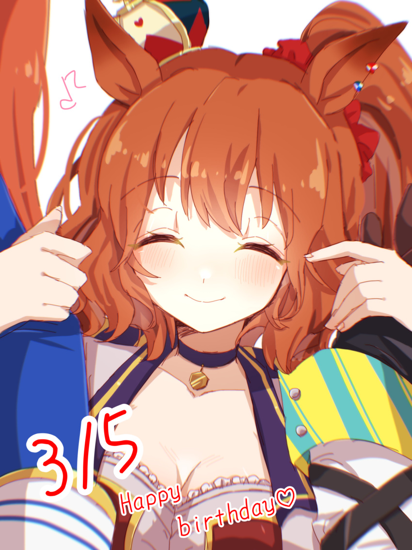 3girls animal_ears aston_machan_(umamusume) bangs black_jacket blue_jacket choker closed_eyes closed_mouth crown daiwa_scarlet_(umamusume) fingernails frills happy_birthday hide_oo highres horse_ears horse_girl jacket long_hair long_sleeves multiple_girls musical_note orange_hair purple_choker simple_background smile umamusume upper_body vodka_(umamusume) white_background