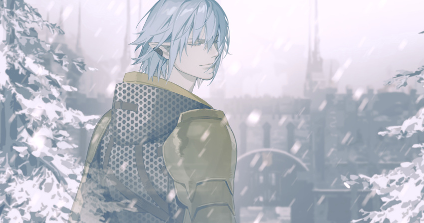 1boy absurdres armor bangs blurry blurry_background chainmail closed_eyes colored_eyelashes earclip elezen elf facing_viewer fan_mu_zhang final_fantasy final_fantasy_xiv grey_hair haurchefant_greystone highres looking_back male_focus pauldrons pine_tree pointy_ears short_hair shoulder_armor smile snow snowing solo tree