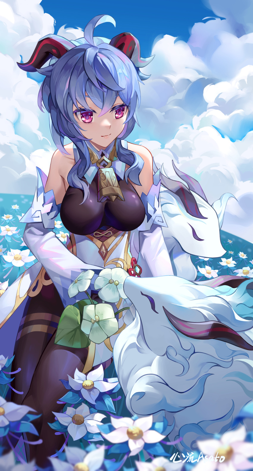 1girl absurdres ahoge bangs bare_shoulders bell black_pantyhose blue_flower blue_hair breasts chinese_knot detached_sleeves field flower flower_field flower_knot ganyu_(genshin_impact) genshin_impact glaze_lily gold_trim highres horns kuangwang_heiye light_smile long_hair looking_at_another medium_breasts neck_bell outdoors pantyhose qilin_(mythology) seiza sidelocks signature sitting thighlet violet_eyes vision_(genshin_impact) white_sleeves