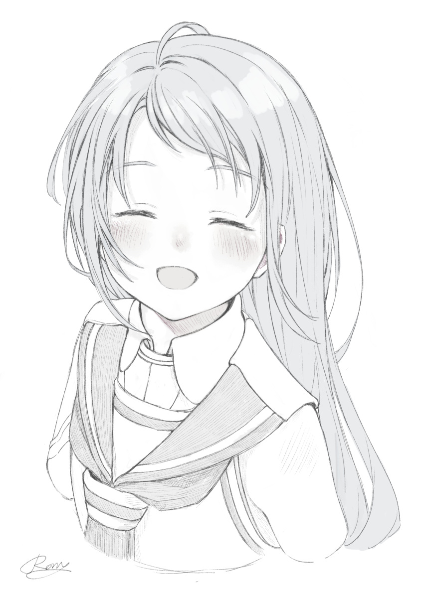 1girl ^_^ absurdres bangs blush closed_eyes cropped_torso facing_viewer greyscale highres kantai_collection long_hair monochrome open_mouth rom_(rommmoon) sailor_collar samidare_(kancolle) school_uniform serafuku shirt signature simple_background sketch sleeveless sleeveless_shirt solo upper_body white_background