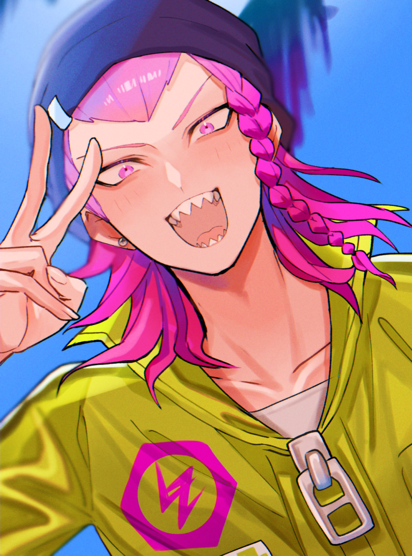 1boy :d bangs black_headwear braid collarbone danganronpa_(series) danganronpa_2:_goodbye_despair dutch_angle green_background hand_up highres jacket junajuna_go male_focus medium_hair open_mouth pink_eyes pink_hair sharp_teeth side_braid smile solo souda_kazuichi teeth tongue v yellow_jacket