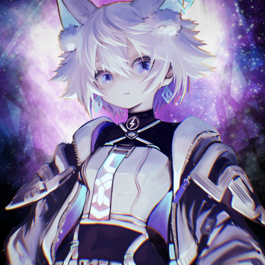 1girl animal_ears cevio closed_mouth coko_(cevio) earrings expressionless extra_ears high_collar highres jacket jacket_partially_removed jewelry long_hair looking_at_viewer nonopace short_hair skin_tight solo violet_eyes white_hair