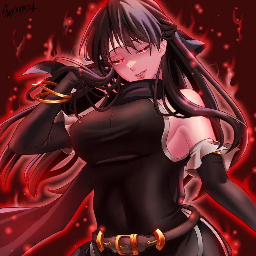 1girl alternate_color alternate_eye_color alternate_hair_color aura bangs bare_shoulders belt black_dress black_gloves black_hair black_leggings black_scarf bracelet breasts corruption covered_navel dark_aura dark_persona dress elbow_gloves fingerless_gloves fire_emblem fire_emblem:_radiant_dawn fire_emblem_engage gloves glowing glowing_eyes grey_hair grin hair_ribbon half_updo highres jewelry large_breasts leggings long_hair marth-chan_(micaiah_mrmm) micaiah_(fire_emblem) parted_lips red_eyes ribbon scarf side_slit sideboob signature sleeveless sleeveless_dress smile solo upper_body