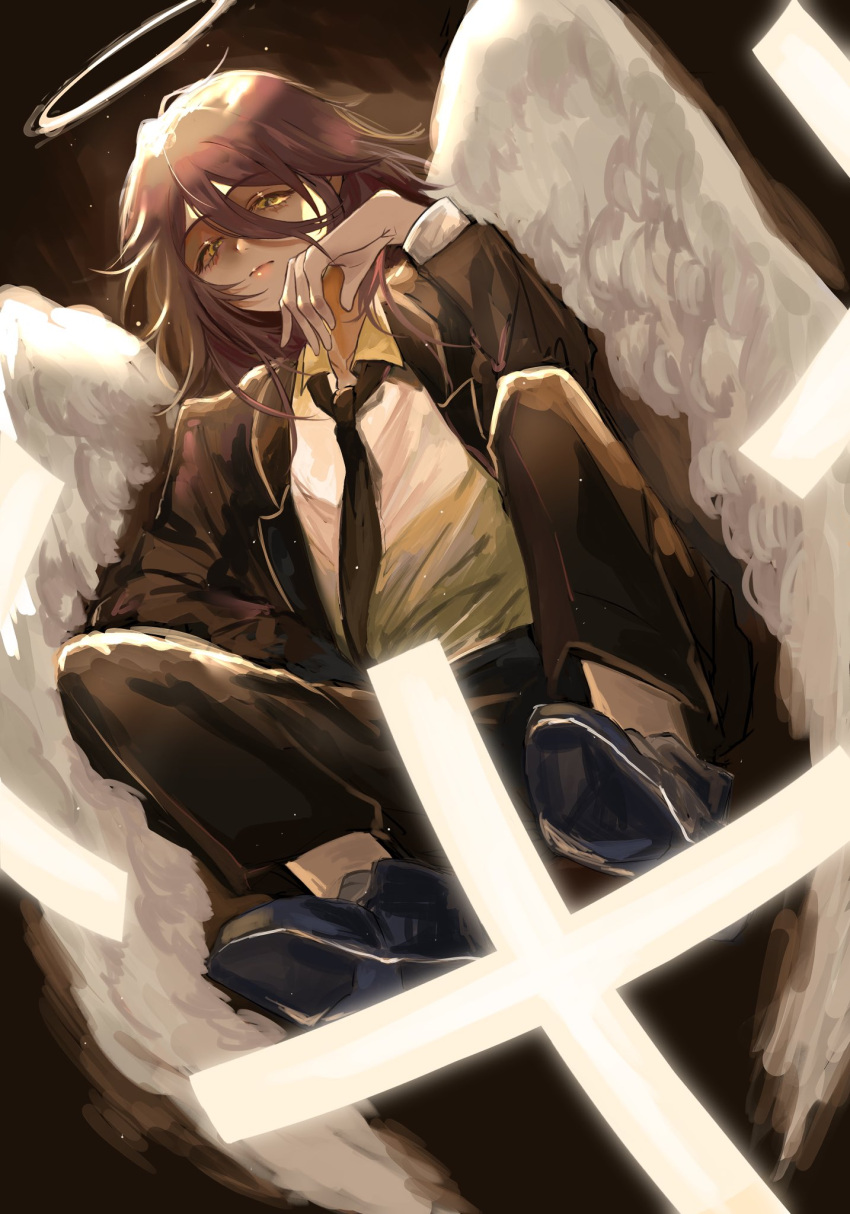 1boy angel angel_devil_(chainsaw_man) angel_wings black_jacket black_necktie brown_hair chainsaw_man collared_shirt cross eeeemajikaw elbow_rest formal from_below glowing hair_between_eyes halo highres jacket long_hair looking_at_viewer necktie shirt solo squatting suit white_shirt white_wings wings yellow_eyes