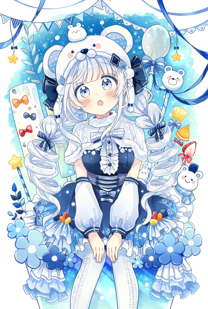 &gt;_&lt; 1girl :o animal_ears animal_on_head bear_ears bear_hat blue_bow blue_dress blue_eyes blue_flower bow breasts capelet center_frills commentary_request detached_sleeves dress fake_animal_ears fang feet_out_of_frame flower food frilled_dress frills fruit fur-trimmed_capelet fur-trimmed_headwear fur_trim grey_pantyhose hair_bow head_tilt highres long_hair long_sleeves looking_at_viewer medium_breasts on_head open_mouth original pantyhose puffy_long_sleeves puffy_sleeves sakura_oriko snowman solo star_(symbol) strawberry twintails very_long_hair white_capelet white_hair white_headwear white_sleeves