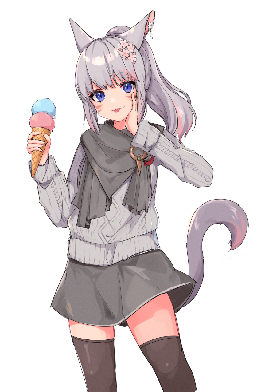 1girl :3 :p absurdres animal_ears avatar_(ff14) black_thighhighs blue_eyes cat_ears cat_girl cat_tail facial_mark final_fantasy final_fantasy_xiv flower food grey_hair grey_scarf grey_skirt grey_sweater hair_flower hair_ornament hand_on_own_cheek hand_on_own_face highres ice_cream ice_cream_cone long_sleeves looking_at_viewer medium_hair miniskirt miqo'te multicolored_hair pink_hair ponytail scarf simple_background skirt streaked_hair sweater tail tenko_(tenkokon) thigh-highs tongue tongue_out two-tone_hair whisker_markings white_background zettai_ryouiki