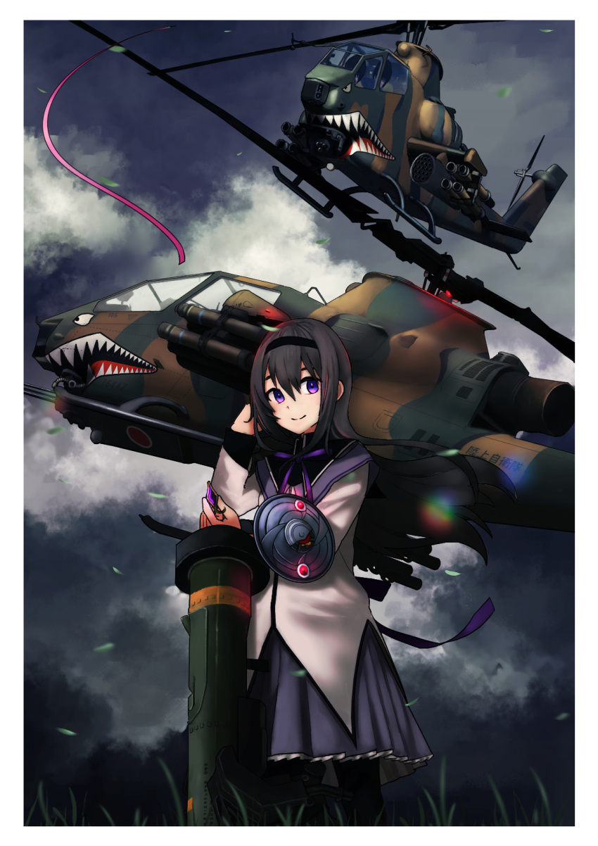 1girl ah-1_cobra akemi_homura black_hair border camouflage fgm-148_javelin grass highres japan_air_self-defense_force japan_self-defense_force long_hair long_sleeves mahou_shoujo_madoka_magica military night night_sky nose_art purple_skirt roundel shirt skirt sky smile solo sunburst timmyyen white_border white_shirt