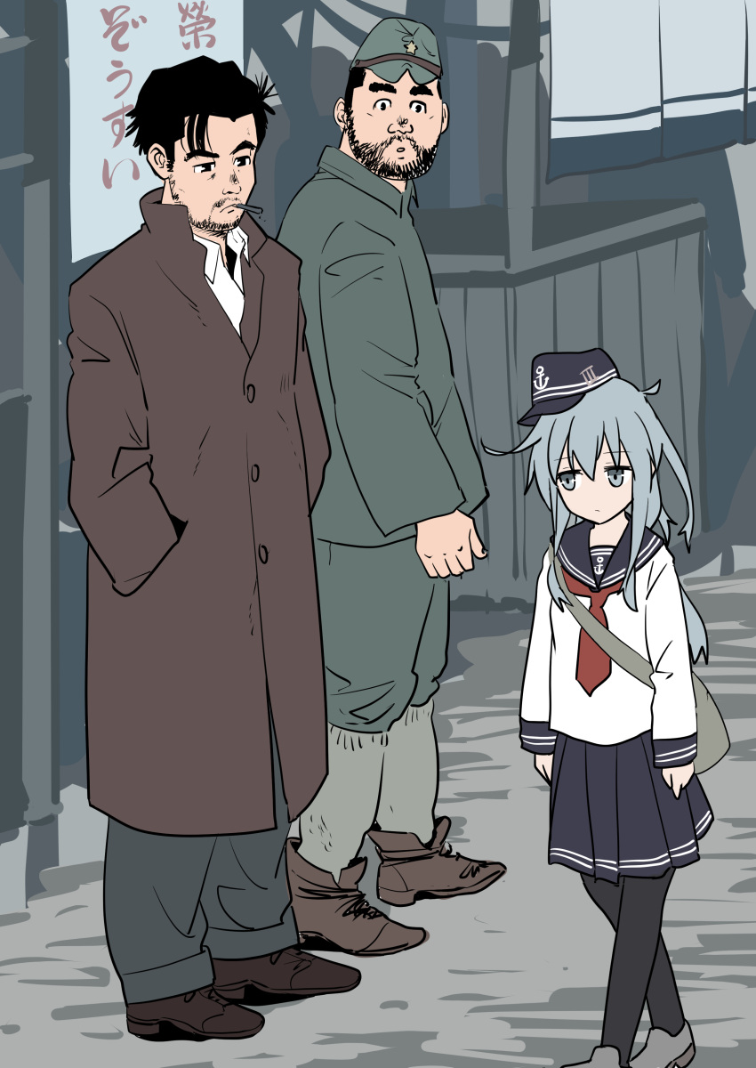 1girl 2boys absurdres anchor_symbol bag blue_hair blue_skirt buttons double-breasted expressionless haida_katsuretsu hands_in_pockets hat height_difference hibiki_(kancolle) highres imperial_japanese_army kantai_collection long_sleeves messenger_bag multiple_boys sailor_hat school_uniform shirt shoulder_bag sketch skirt white_shirt