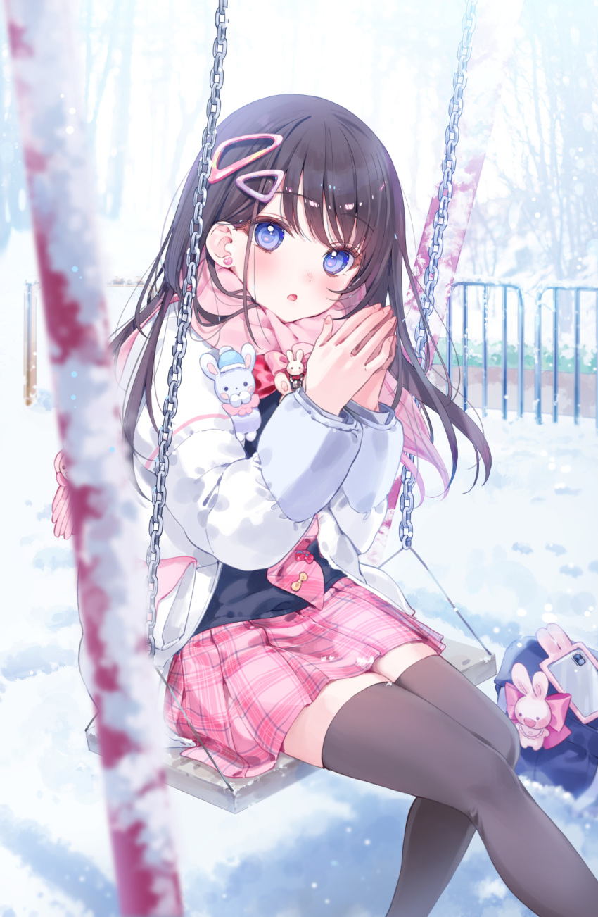 1girl :o a20_(atsumaru) bag bangs black_shirt blue_eyes blurry blurry_foreground blush bow brown_hair cellphone chain coat commentary_request fence hair_ornament hairclip highres light long_hair long_sleeves looking_at_viewer official_art open_clothes open_coat open_mouth original own_hands_together phone pink_bow pink_scarf pink_skirt plaid plaid_skirt scarf shiny shiny_hair shirt sidelocks sitting skirt smartphone snow snowing solo steepled_fingers swept_bangs swing white_coat