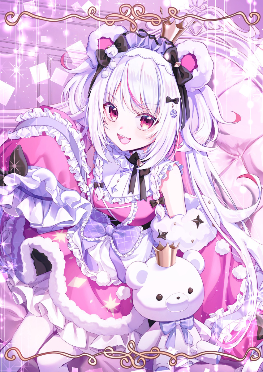 1girl absurdres animal_ears bear_ears bow bowtie breasts commentary crown detached_sleeves dress fangs frills highres indie_virtual_youtuber kumomo_36 long_hair looking_at_viewer pink_dress pink_eyes purple_bow shirokuma_rin sleeves_past_fingers sleeves_past_wrists smile solo stuffed_animal stuffed_toy teddy_bear white_hair