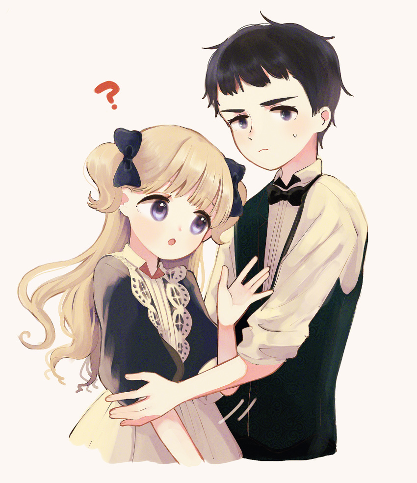 1boy 1girl ? bangs black_bow black_hair blonde_hair blue_bow blue_dress blue_eyes blunt_bangs bow dress emilico_(shadows_house) hair_bow highres kohori long_hair looking_at_viewer open_mouth shadows_house shaun_(shadows_house) shirt short_hair sweatdrop twintails two_side_up white_shirt