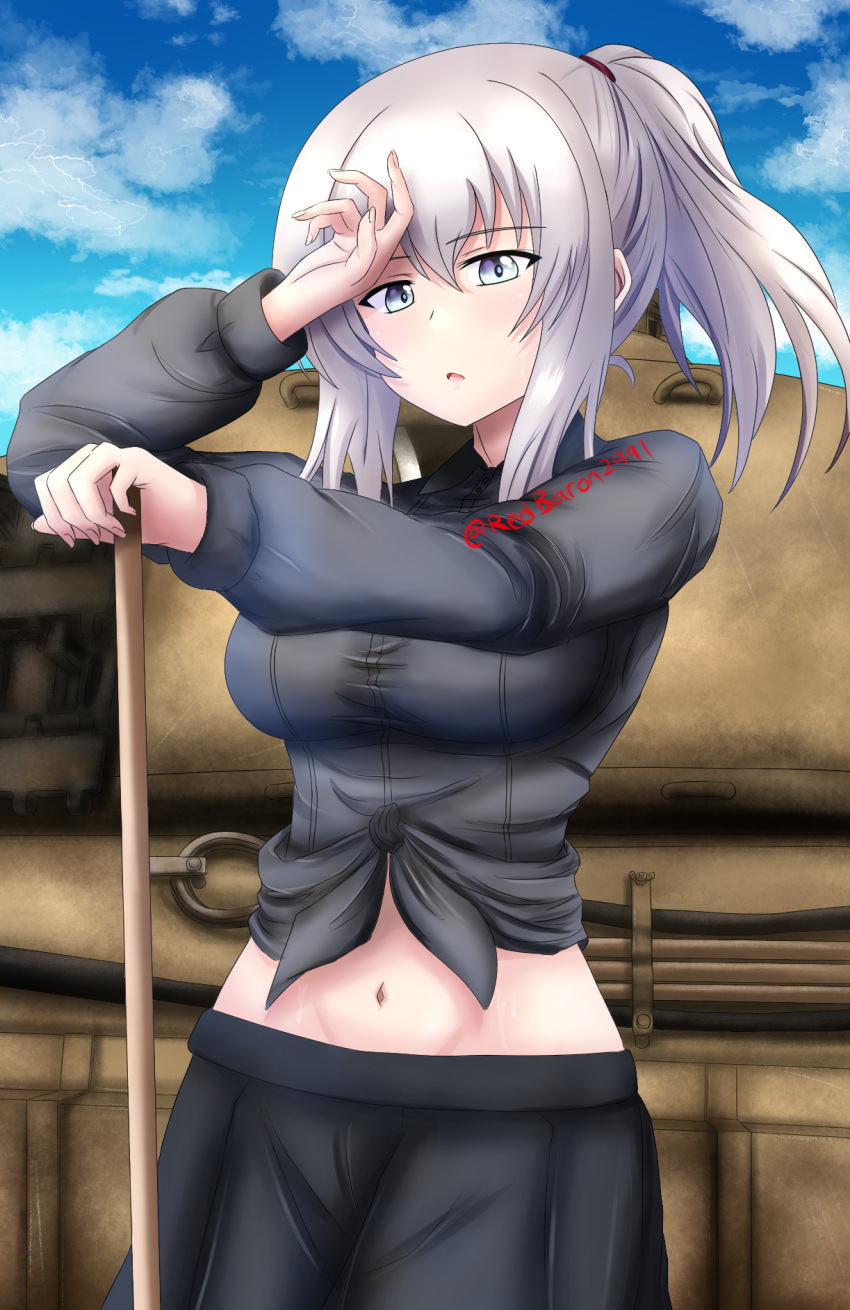 1girl bangs black_skirt blue_eyes blue_sky broom clouds cloudy_sky commentary cowboy_shot day dress_shirt front-tie_top girls_und_panzer grey_hair grey_shirt ground_vehicle hair_tie hair_up half-closed_eyes highres holding holding_broom itsumi_erika kuromorimine_school_uniform long_sleeves looking_at_viewer medium_hair midriff military military_vehicle motor_vehicle navel open_mouth outdoors pleated_skirt ponytail redbaron school_uniform shirt skirt sky solo standing sweat tank tiger_ii twitter_username wing_collar wiping_sweat