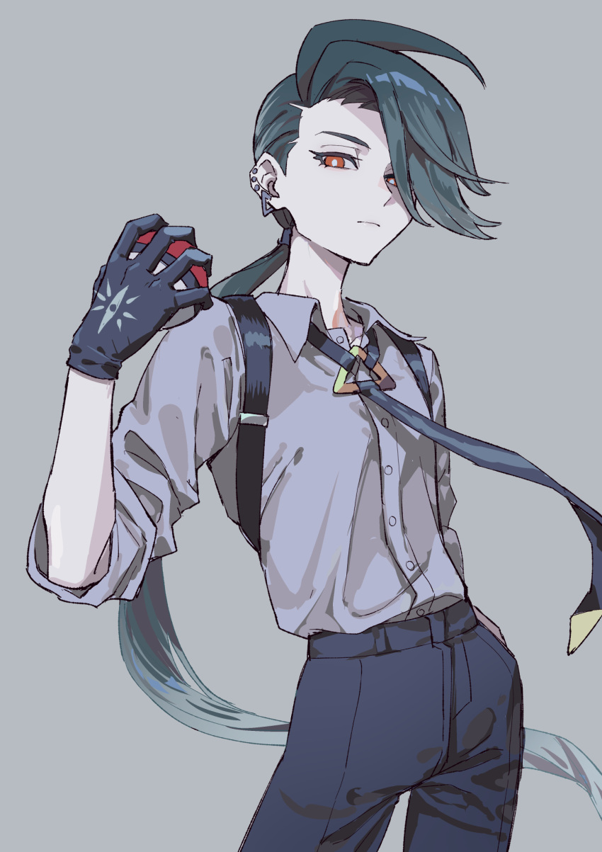 1girl androgynous bangs black_gloves black_necktie black_pants blue_hair bright_pupils buttons collared_shirt contrapposto cowboy_shot ear_piercing earrings elemoncake from_side gloves grey_background grey_shirt hand_on_hip hand_up highres holding holding_poke_ball jaggy_lines jewelry long_hair looking_at_viewer low_ponytail necktie pants piercing poke_ball pokemon pokemon_(game) pokemon_sv red_eyes reverse_trap rika_(pokemon) serious shirt simple_background solo standing swept_bangs white_pupils