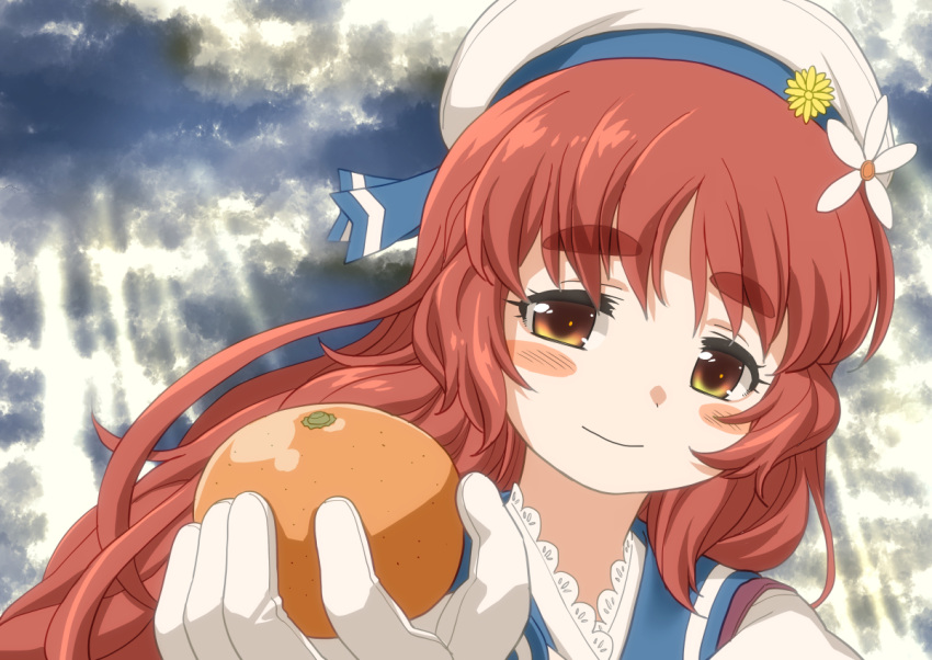 1girl bangs blue_sailor_collar blush_stickers brown_eyes clouds cloudy_sky commentary_request day flower food fruit gloves hair_flower hair_ornament harukaze_unipo hat holding holding_food holding_fruit kantai_collection long_hair looking_at_viewer orange_(fruit) outdoors parody redhead sailor_collar sailor_hat sky smile solo upper_body white_flower white_gloves white_headwear yashiro_(kancolle) yellow_flower