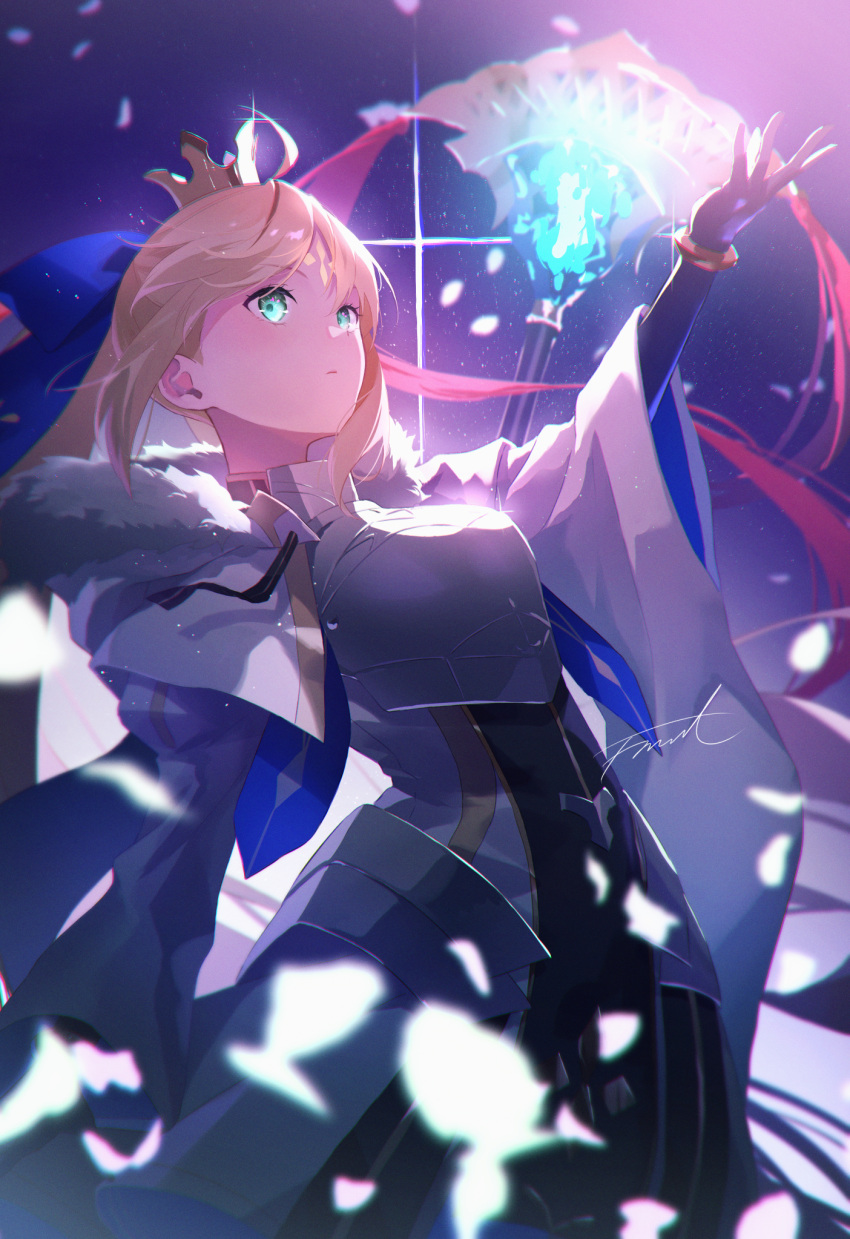 1girl armor armored_dress artoria_caster_(fate) artoria_caster_(third_ascension)_(fate) artoria_pendragon_(fate) bangs blonde_hair blue_cape blue_ribbon bracelet breastplate cape capelet chest_armor crown dress fate/grand_order fate_(series) fingerless_gloves fomnant gloves green_eyes hair_ornament hair_ribbon highres holding holding_staff jewelry long_hair long_sleeves looking_away marmyadose_(fate) multicolored_cape multicolored_capelet multicolored_clothes multicolored_dress ribbon staff wide_sleeves