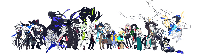 &gt;_&lt; 1other 6+boys 6+girls ahoge alfonso_(arknights) alty_(arknights) amaia_(arknights) animal_ears arknights armor aya_(arknights) beard belt belt_buckle black_hair black_pants blonde_hair blue_eyes blue_hair brown_belt brown_pants buckle carmen_(arknights) chibi closed_eyes coat commentary cutlass dan_(arknights) dario_(arknights) dress elysium_(arknights) expressionless facial_hair fox_ears frost_(arknights) garcia_(arknights) gladiia_(arknights) glasses green_dress green_eyes grey_apron hat head_wings highres holding holding_sword holding_weapon horns irene_(arknights) kal'tsit_(arknights) lance lumen_(arknights) mon3tr_(arknights) monster multiple_boys multiple_girls nethersea_spewer_(arknights) no_mouth pants pink_hair pirate pirate_hat polearm red_eyes rocinante_(arknights) simple_background skadi_(arknights) sparkle specter_(arknights) specter_the_unchained_(arknights) stultifera_navis suitcase sweat sword the_endspeaker_(arknights) the_last_knight_(arknights) thiago_(arknights) top_hat tricorne ulpianus_(arknights) weapon white_background white_coat white_hair x_x xity yellow_eyes