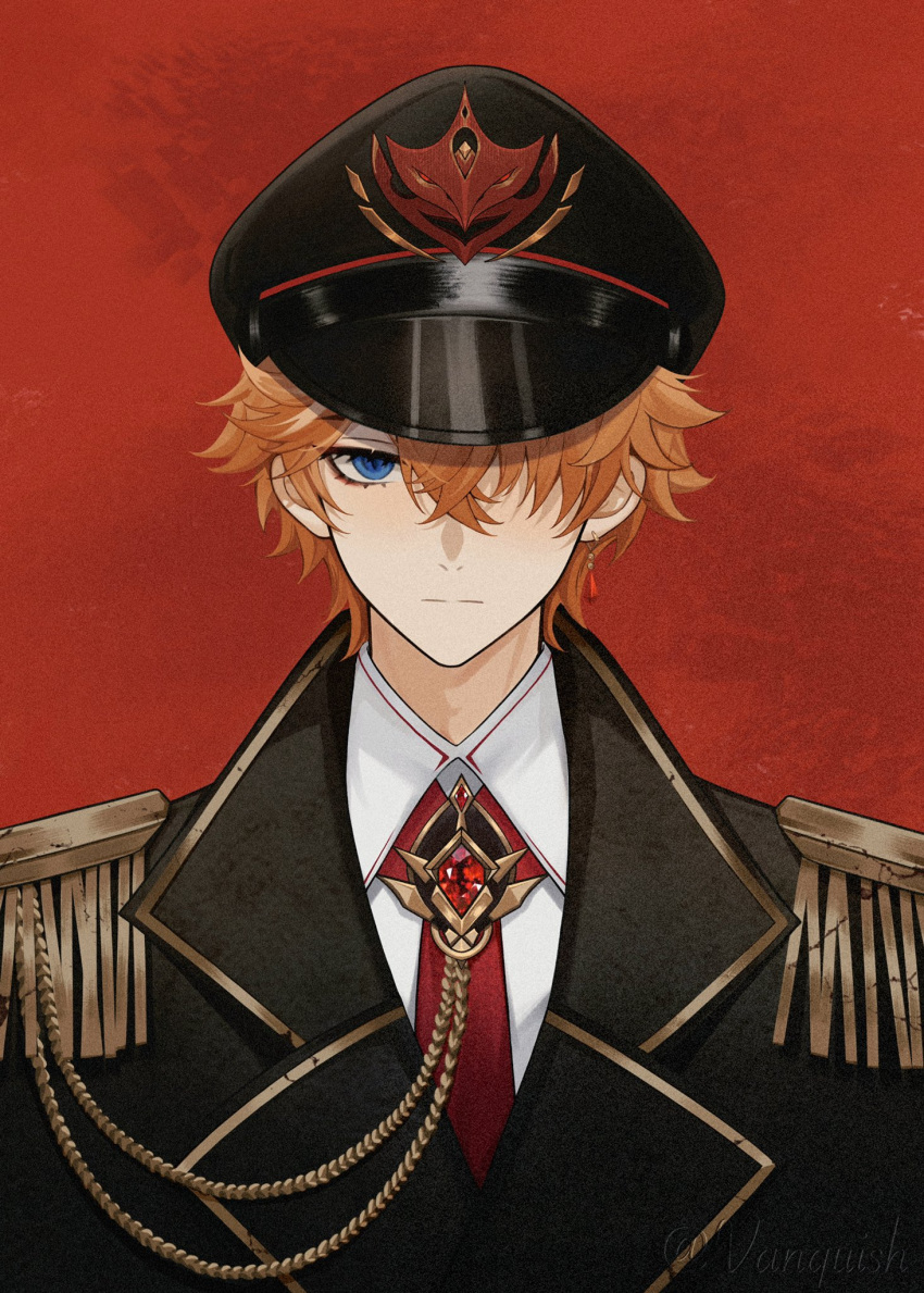1boy aiguillette alternate_costume artist_name bangs black_headwear black_jacket blue_eyes blush closed_mouth collared_shirt commentary_request crossed_bangs earrings epaulettes expressionless eyelashes genshin_impact gold_trim hair_between_eyes hair_over_one_eye hat highres jacket jewelry lapels looking_at_viewer male_focus military military_uniform naval_uniform necktie one_eye_covered orange_hair peaked_cap red_background red_necktie shirt short_hair single_earring solo tartaglia_(genshin_impact) twitter_username uniform upper_body vanquish_bai white_shirt wing_collar