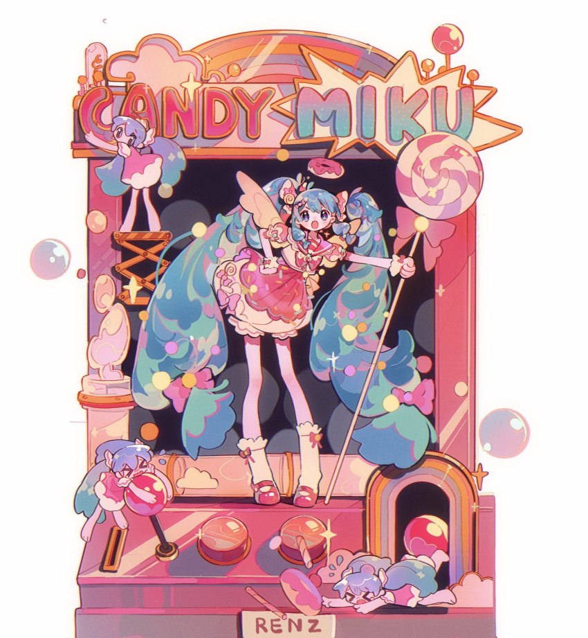 &gt;_&lt; 1girl aqua_eyes aqua_hair artist_name bangs barefoot bow bowtie buttons candy character_name chibi doughnut food full_body gloves hand_on_hip hatsune_miku highres holding holding_candy holding_food holding_lollipop lever lollipop long_hair mary_janes mini_wings multiple_views open_mouth pink_sailor_collar red_footwear renzhi00334233 sailor_collar shoes socks sparkle standing twintails vocaloid white_background white_gloves white_socks wings