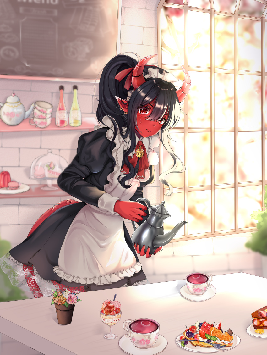 1girl absurdres apron bell black_dress black_hair breasts chalkboard closed_mouth commentary commission cup demon_girl dress earrings english_commentary fingernails flower_pot frilled_apron frills hair_between_eyes hair_ribbon highres holding holding_teapot horns indoors isari_sensei jewelry jingle_bell juliet_sleeves long_hair long_sleeves looking_at_viewer maid maid_apron maid_headdress neckerchief original pointy_ears puffy_sleeves red_eyes red_horns red_nails red_neckerchief red_ribbon red_tail ribbon sidelocks small_breasts solo sweat table tea teacup teapot white_apron