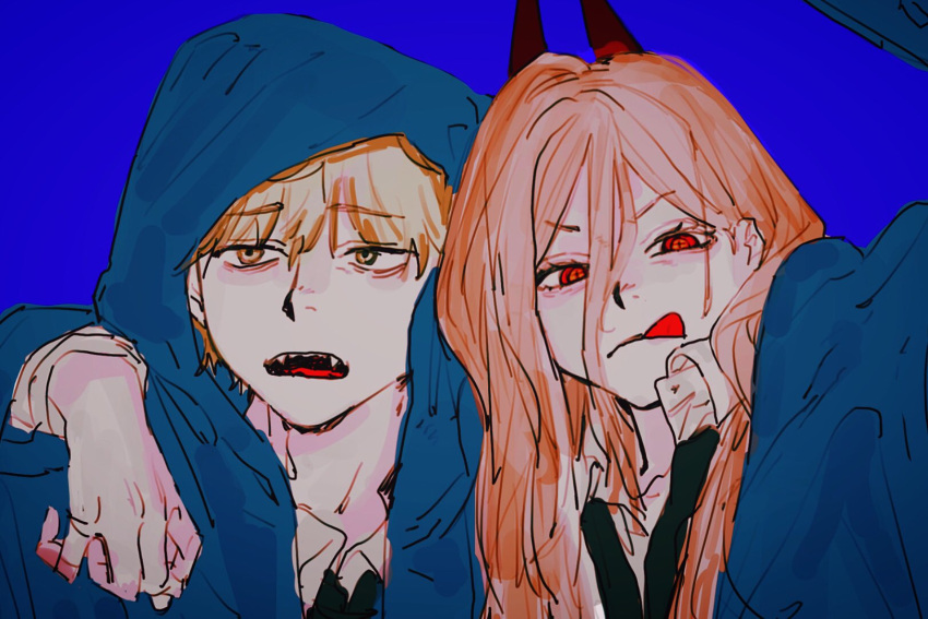 1boy 1girl arm_around_neck black_necktie blonde_hair blue_background blue_hoodie blue_theme chainsaw_man collared_shirt cross-shaped_pupils denji_(chainsaw_man) hair_between_eyes highres hood hood_up hoodie horns long_hair looking_at_viewer looking_to_the_side messy_hair necktie open_mouth orange_eyes pecopecosupipi power_(chainsaw_man) sharp_teeth shirt short_hair simple_background symbol-shaped_pupils teeth tongue tongue_out white_shirt yellow_eyes