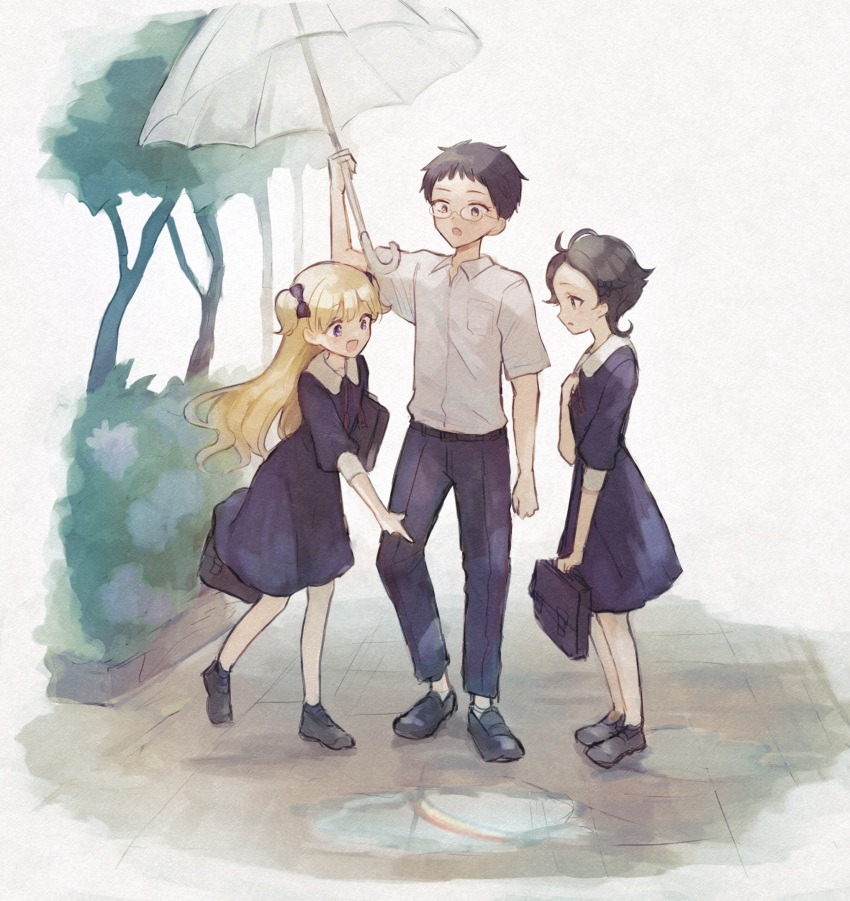 1boy 2girls bangs black_hair black_pants blonde_hair blue_bow blue_dress blue_eyes blunt_bangs bow dress emilico_(shadows_house) full_body hair_bow highres holding holding_umbrella long_hair mametarou_(mameji) multiple_girls open_mouth outdoors pants pointing puddle rainbow ram_(shadows_house) shadows_house shaun_(shadows_house) shirt short_hair smile twintails two_side_up umbrella walking white_shirt