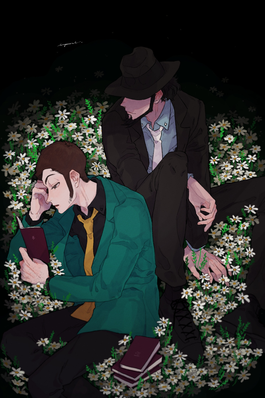 2boys arsene_lupin_iii beard black_hair book brown_hair commentary_request covered_eyes facial_hair flower formal hand_on_own_face hat highres jigen_daisuke lupin_iii male_focus multiple_boys open_mouth reading short_hair sideburns sitting suit urourooooo