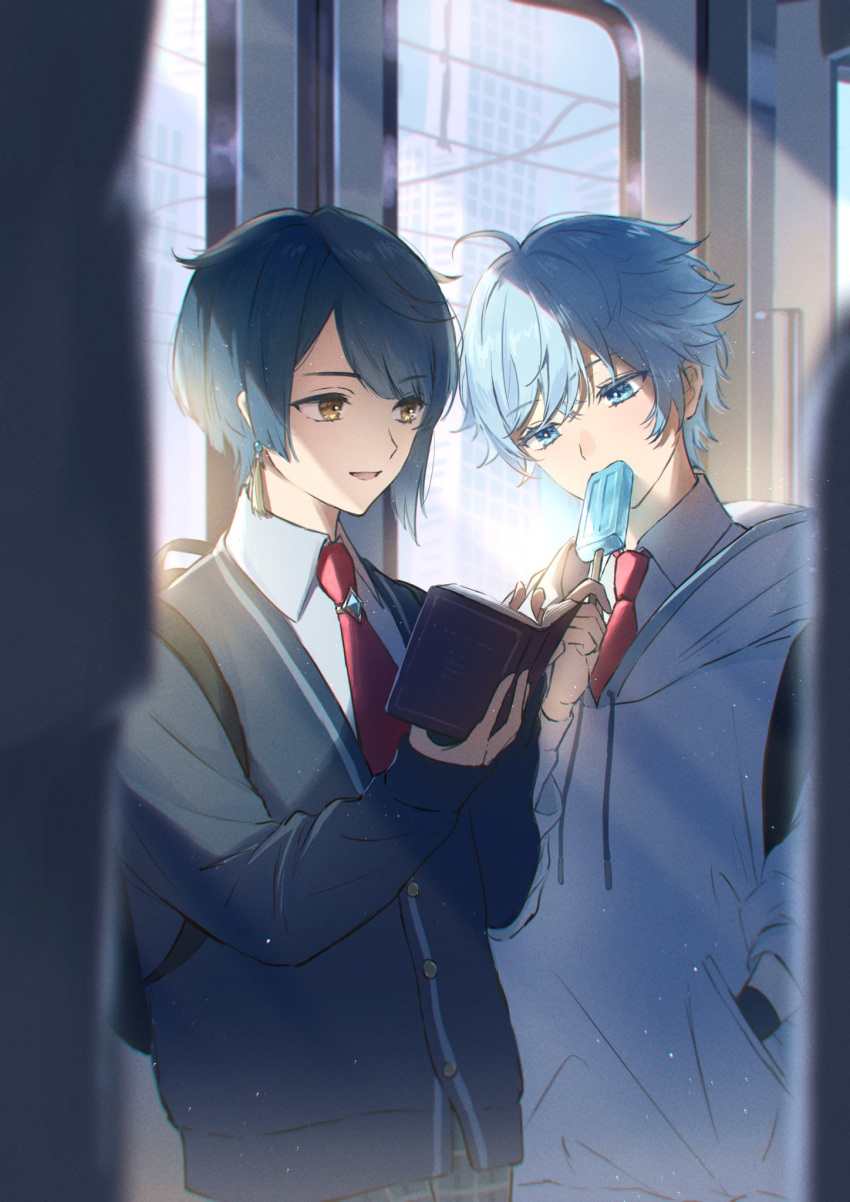 2boys ahoge alternate_costume backpack bag bangs black_bag blue_cardigan blue_eyes blue_hair blurry blurry_foreground book buttons cardigan chongyun_(genshin_impact) collared_shirt commentary_request contemporary depth_of_field drawstring earrings food food_in_mouth genshin_impact hands_up highres holding holding_book holding_food hood hood_down hoodie indoors jewelry light_rays long_sleeves looking_at_another looking_down male_focus mouth_hold mskmmti multiple_boys necktie open_book open_mouth popsicle popsicle_in_mouth red_necktie school_uniform shirt short_hair sidelocks smile standing swept_bangs tassel tassel_earrings white_hoodie white_shirt window wing_collar xingqiu_(genshin_impact) yellow_eyes