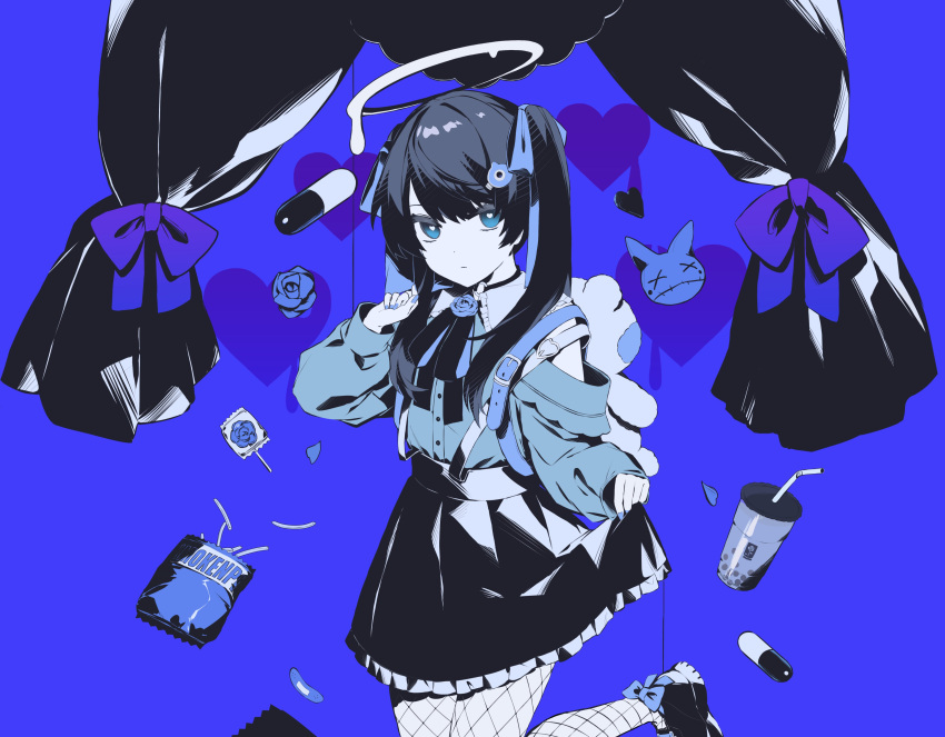 0mot 1girl absurdres ado_(singer) black_hair black_skirt blue_background blue_eyes blue_flower blue_rose bright_pupils bubble_tea candy cropped_legs curtains darling_dance_(vocaloid) expressionless fishnets flower food footwear_ribbon frilled_skirt frills hair_ribbon halo highres jirai_kei lollipop melting_halo nail_polish neck_ribbon partially_colored pill ribbon rose skirt stuffed_animal stuffed_toy teddy_bear twintails white_pupils