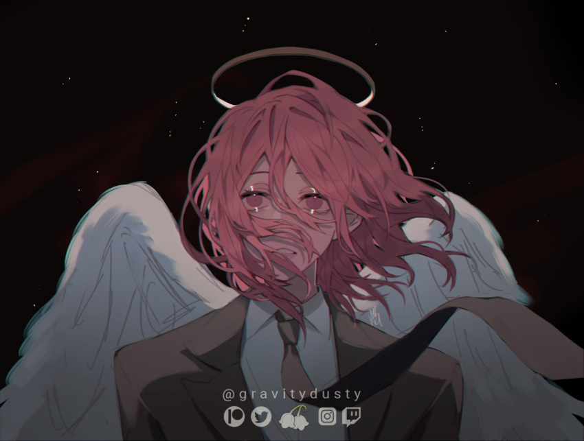 1boy androgynous angel_devil_(chainsaw_man) angel_wings black_background chainsaw_man collared_shirt feathered_wings formal gravitydusty grey_jacket grey_necktie grey_suit hair_between_eyes halo jacket male_focus medium_hair messy_hair necktie parted_lips red_eyes redhead shirt solo suit suit_jacket twitter_username upper_body white_shirt white_wings wings